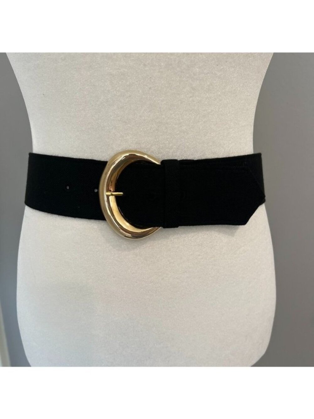 Vintage Black Canvas Belt with Oversized Gold Tone Buckle
